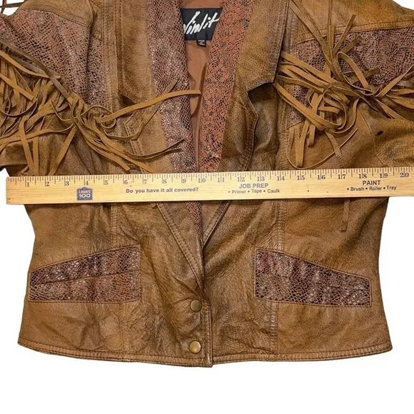 Winlit Crop brown tassel Genuine Leather Jacket sz M ( VTG large) biker 80’s