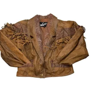 Winlit Crop brown tassel Genuine Leather Jacket sz M ( VTG large) biker 80’s