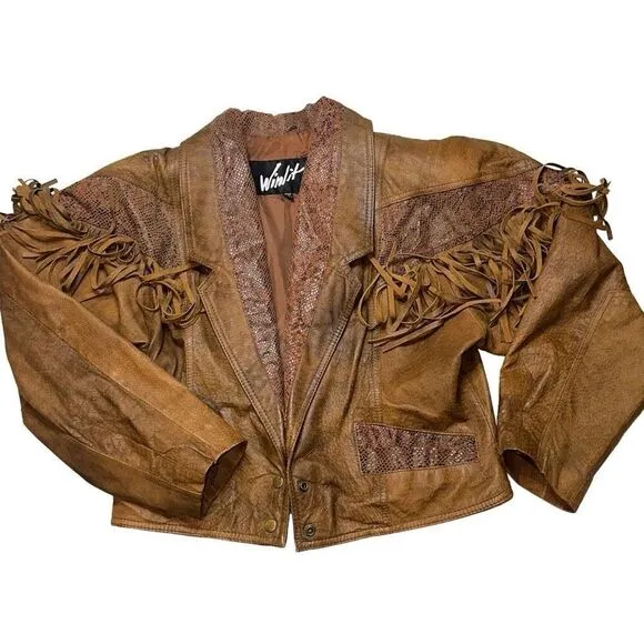 Winlit Crop brown tassel Genuine Leather Jacket sz M ( VTG large) biker 80’s