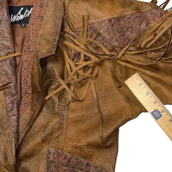 Winlit Crop brown tassel Genuine Leather Jacket sz M ( VTG large) biker 80’s