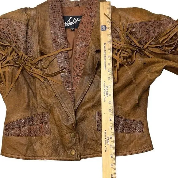 Winlit Crop brown tassel Genuine Leather Jacket sz M ( VTG large) biker 80’s