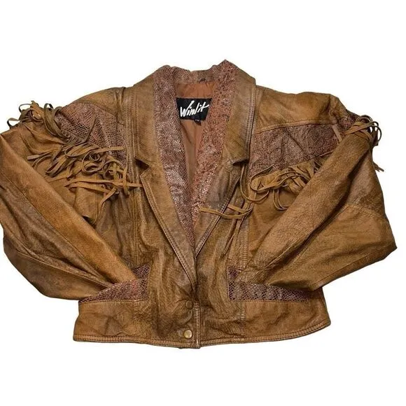 Winlit Crop brown tassel Genuine Leather Jacket sz M ( VTG large) biker 80’s