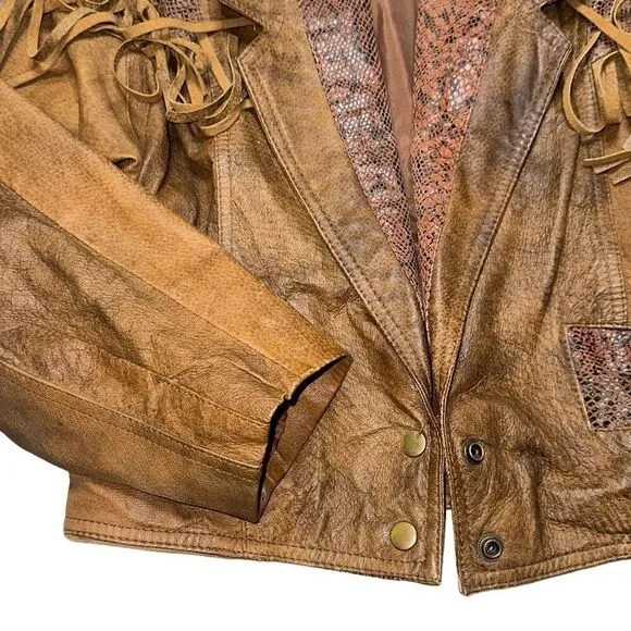 Winlit Crop brown tassel Genuine Leather Jacket sz M ( VTG large) biker 80’s