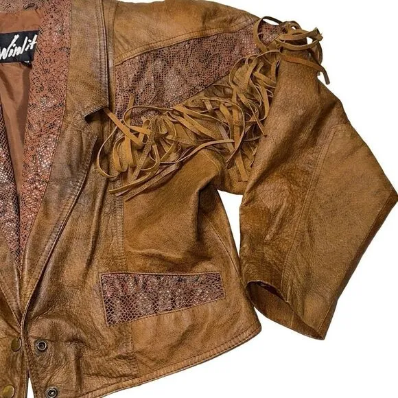 Winlit Crop brown tassel Genuine Leather Jacket sz M ( VTG large) biker 80’s