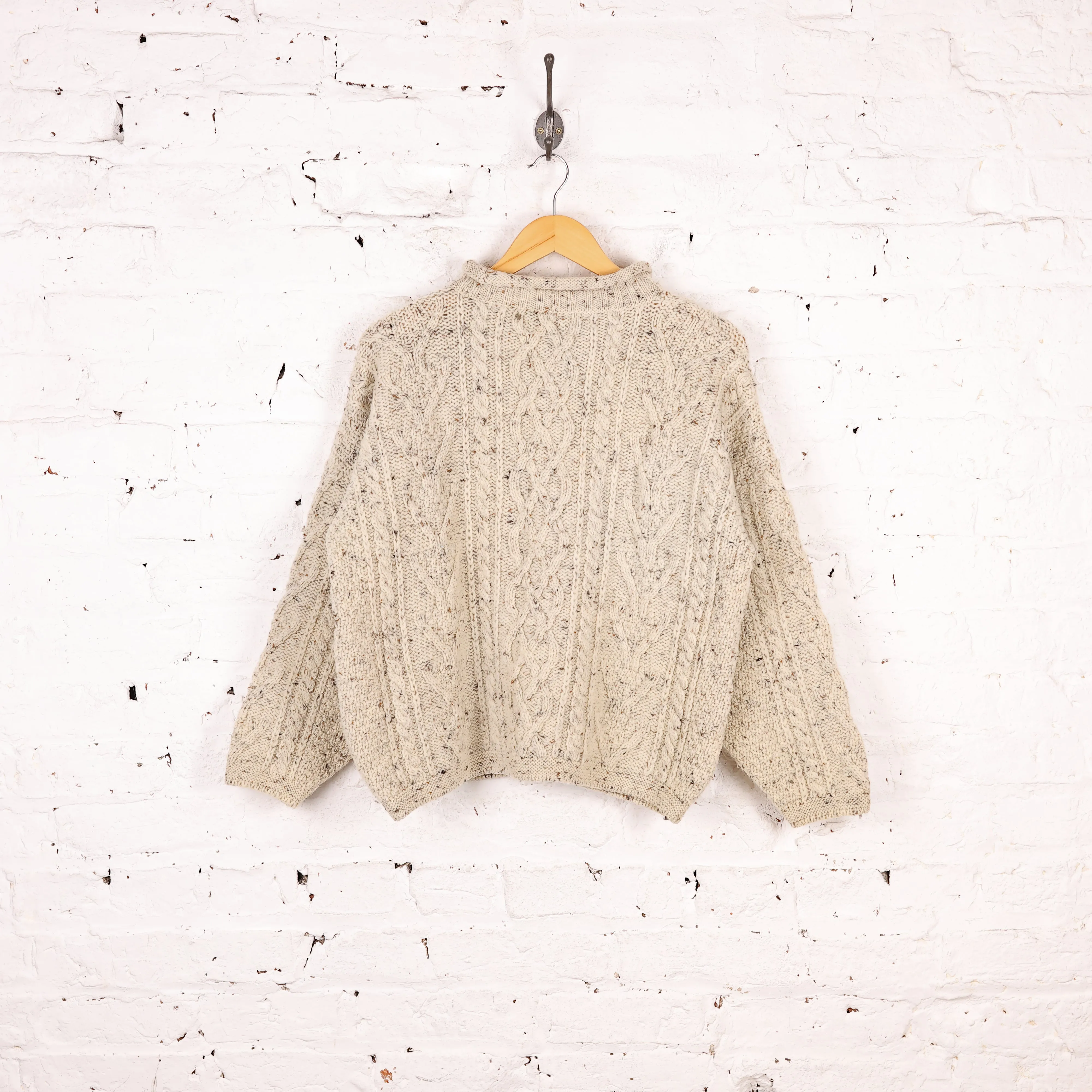 Women's Aran Wool Cable Knit Roll Neck Jumper - Cream - Women's L