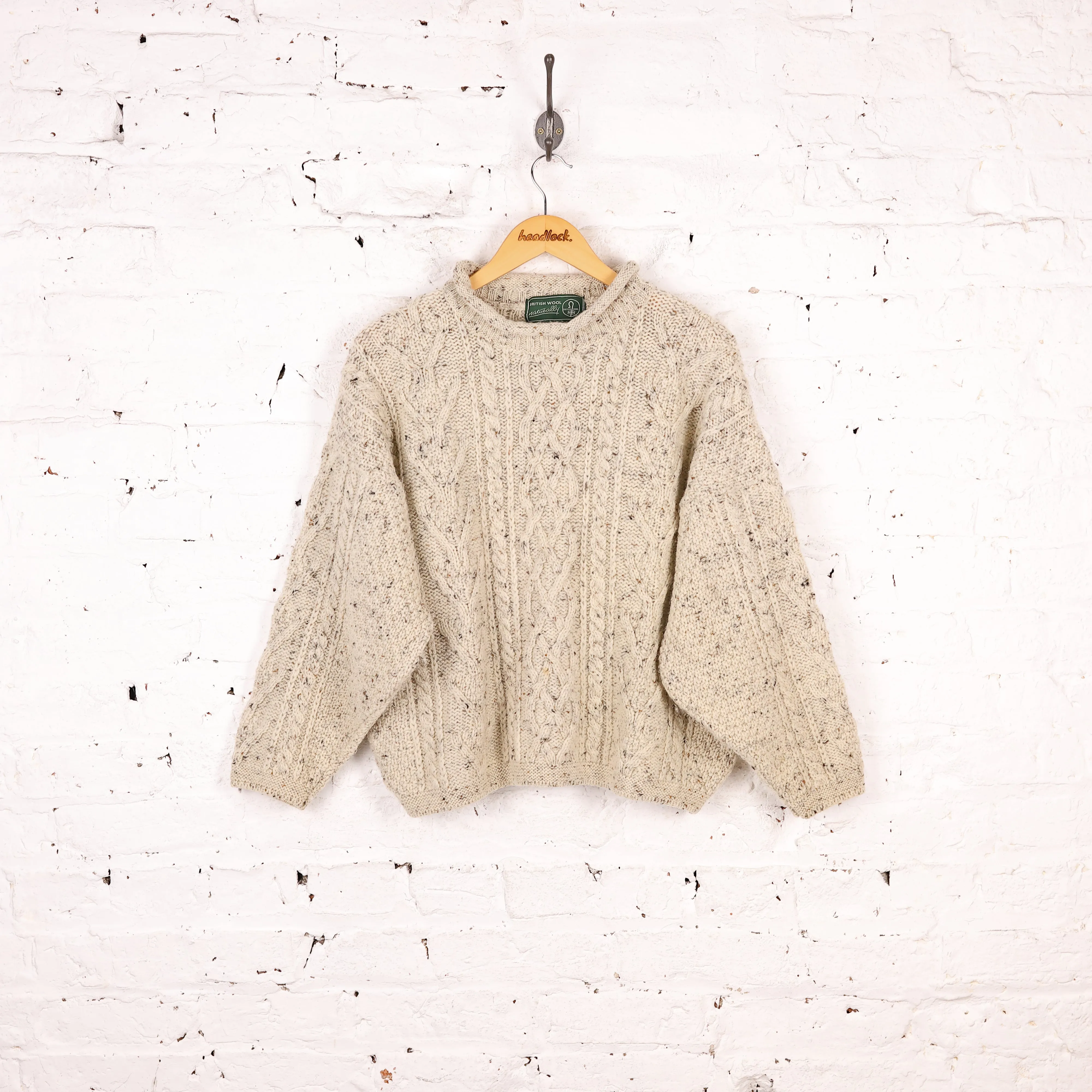 Women's Aran Wool Cable Knit Roll Neck Jumper - Cream - Women's L