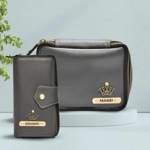 Women's Combo - Mini Makeup Kit & zip around lady Wallet (Grey)