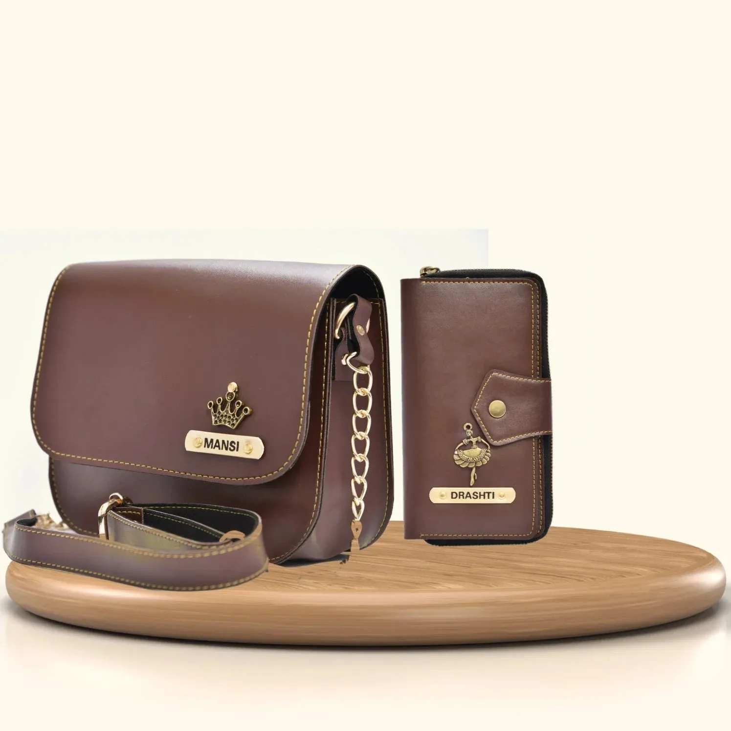 Women's Combo : Premium Lady Wallet & Chained Sling Bag - Brown