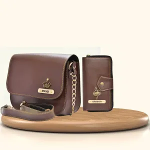 Women's Combo : Premium Lady Wallet & Chained Sling Bag - Brown