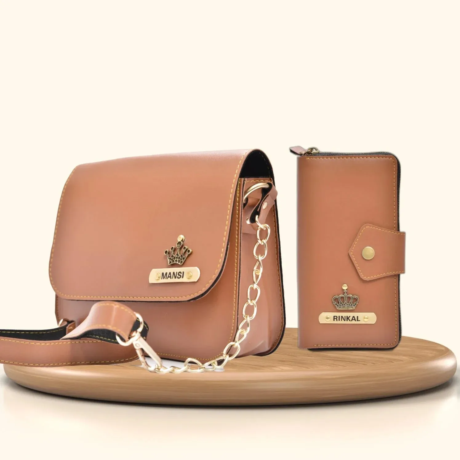 Women's Combo : Premium Lady Wallet & Chained Sling Bag - Tan