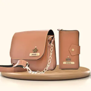 Women's Combo : Premium Lady Wallet & Chained Sling Bag - Tan
