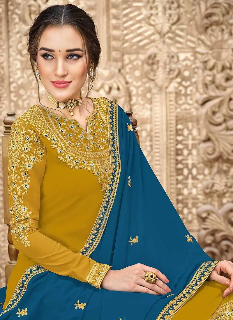 Yellow and Blue Straight Cut Embroidered Pant Style Suit