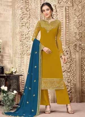 Yellow and Blue Straight Cut Embroidered Pant Style Suit