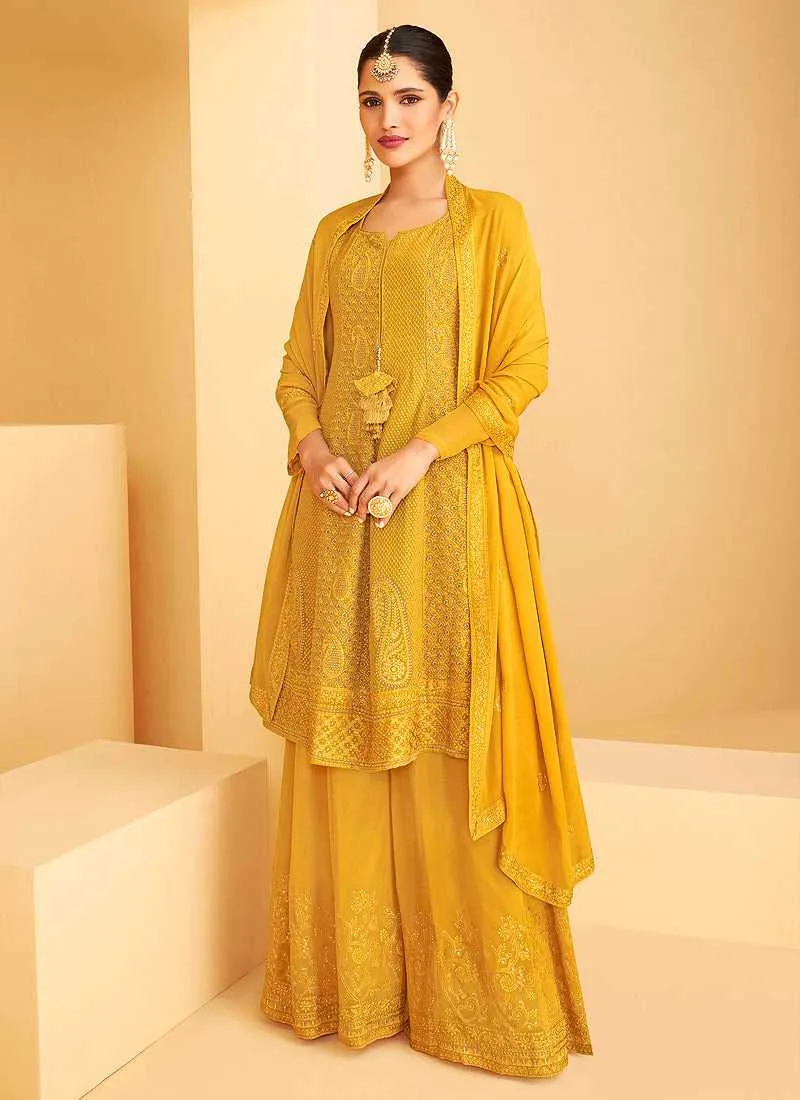 Yellow and Gold Heavy Embroidered Sharara Style Suit