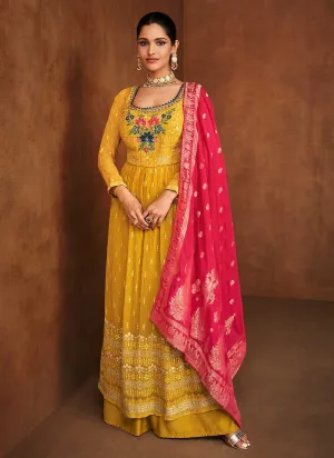 Yellow and Pink Lucknowi Embroidered Sharara Suit