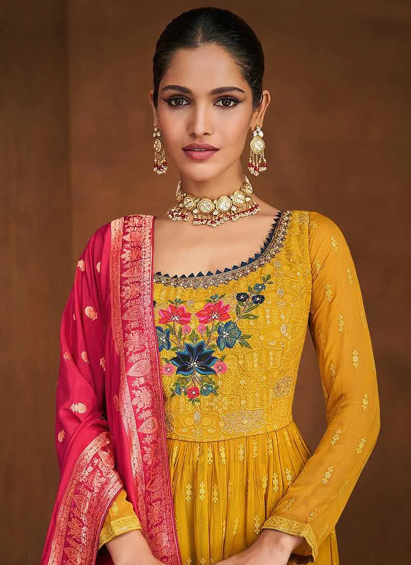 Yellow and Pink Lucknowi Embroidered Sharara Suit