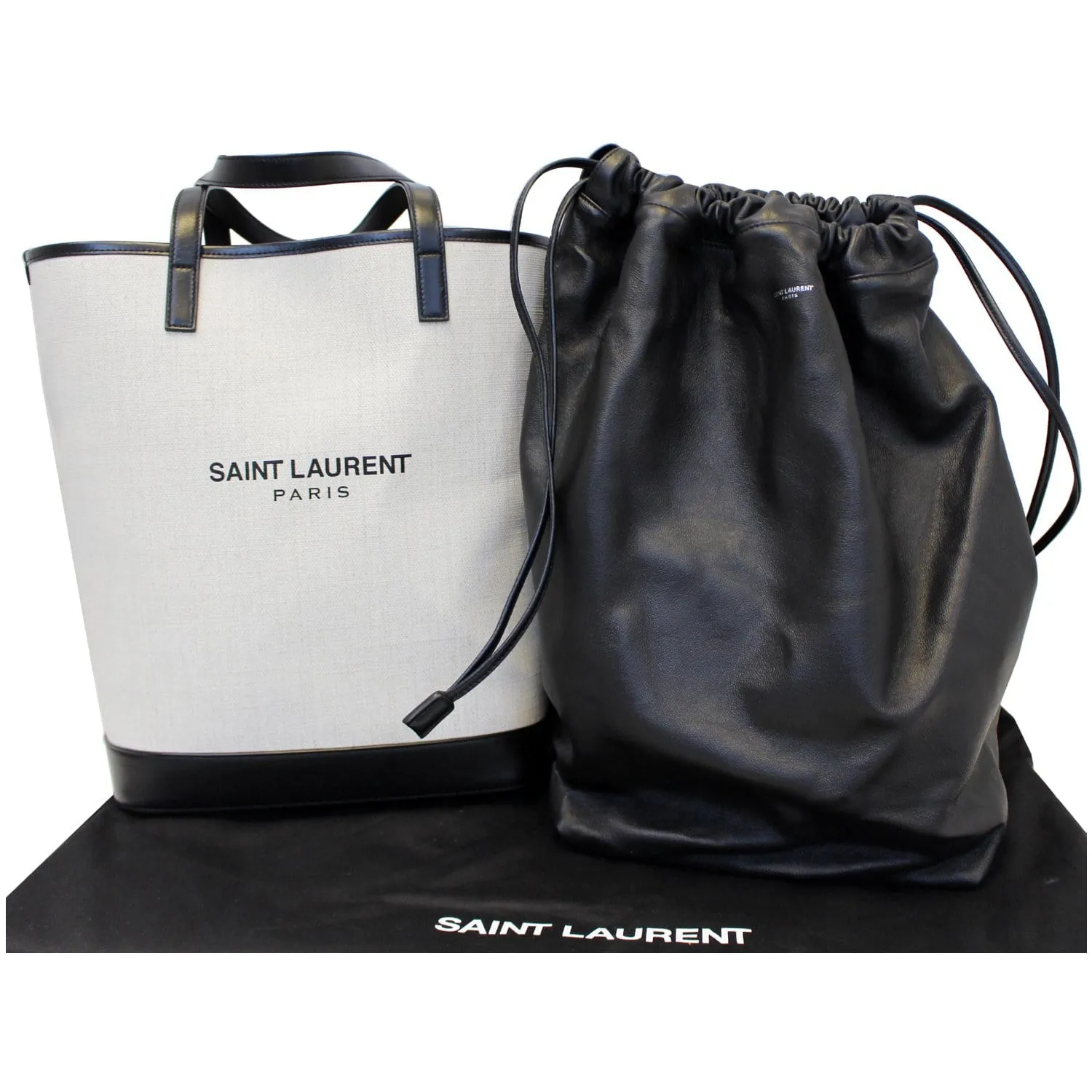 YVES SAINT LAURENT Teddy Canvas/Leather Drawstring Shopping Tote White/Black - Last Call