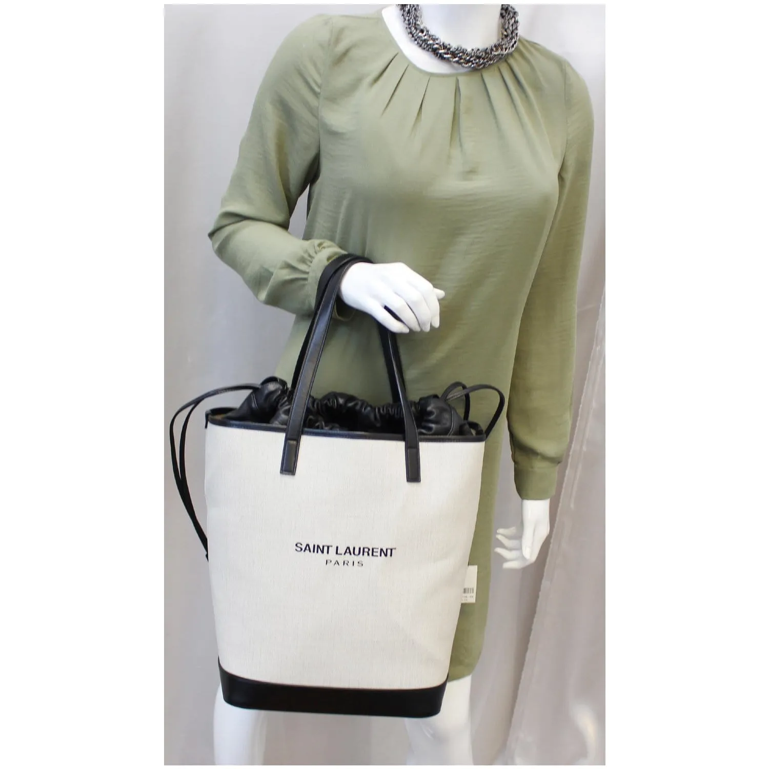 YVES SAINT LAURENT Teddy Canvas/Leather Drawstring Shopping Tote White/Black - Last Call