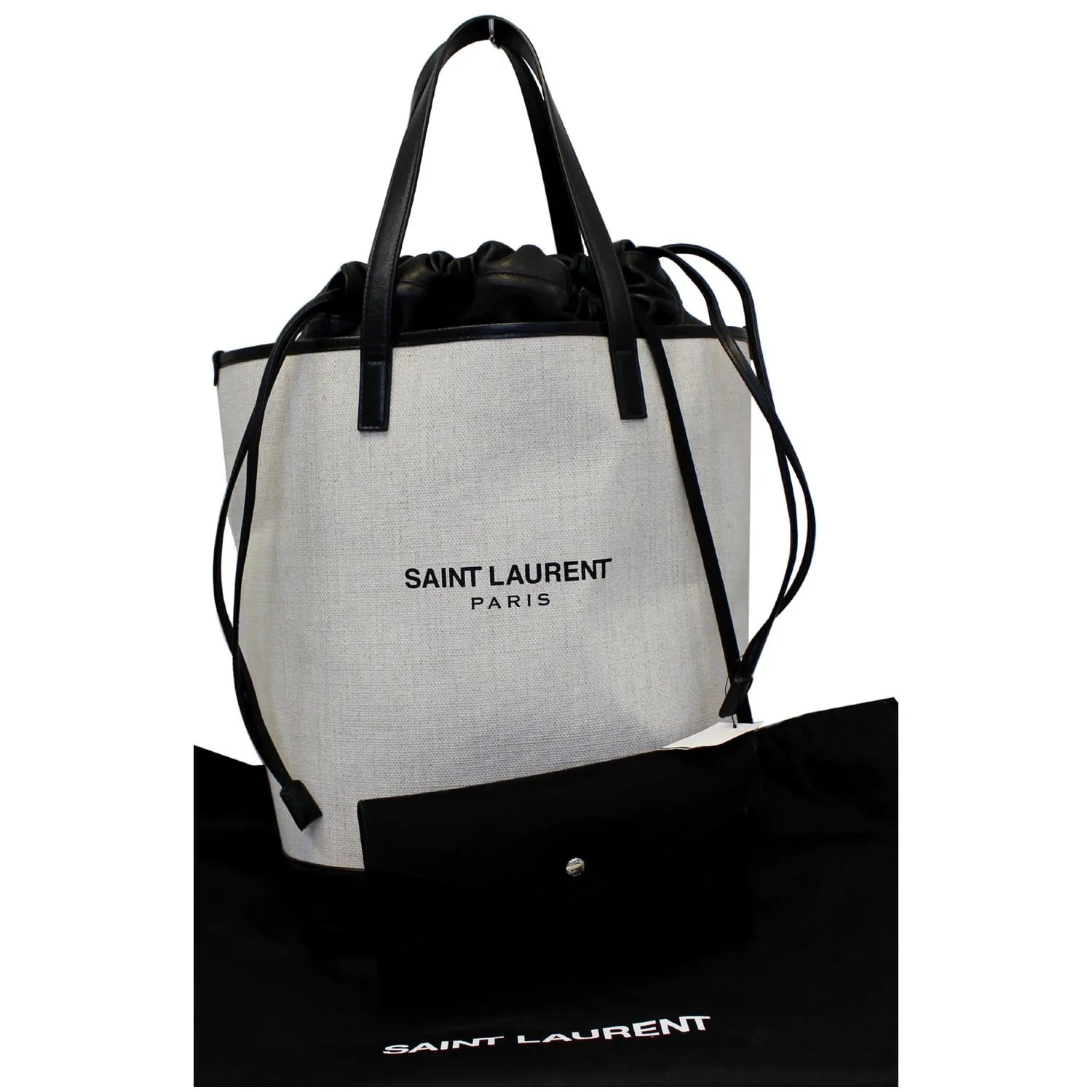 YVES SAINT LAURENT Teddy Canvas/Leather Drawstring Shopping Tote White/Black - Last Call